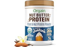Orgain X Justin's ® Organic Vegan Nut Butter Protein Powder, Vanilla Almond Butter- 20g Plant Protein, 1g Sugar, Gluten Free, No Dairy, Soy Ingredients, or Artificial Flavors, 1.17 lb