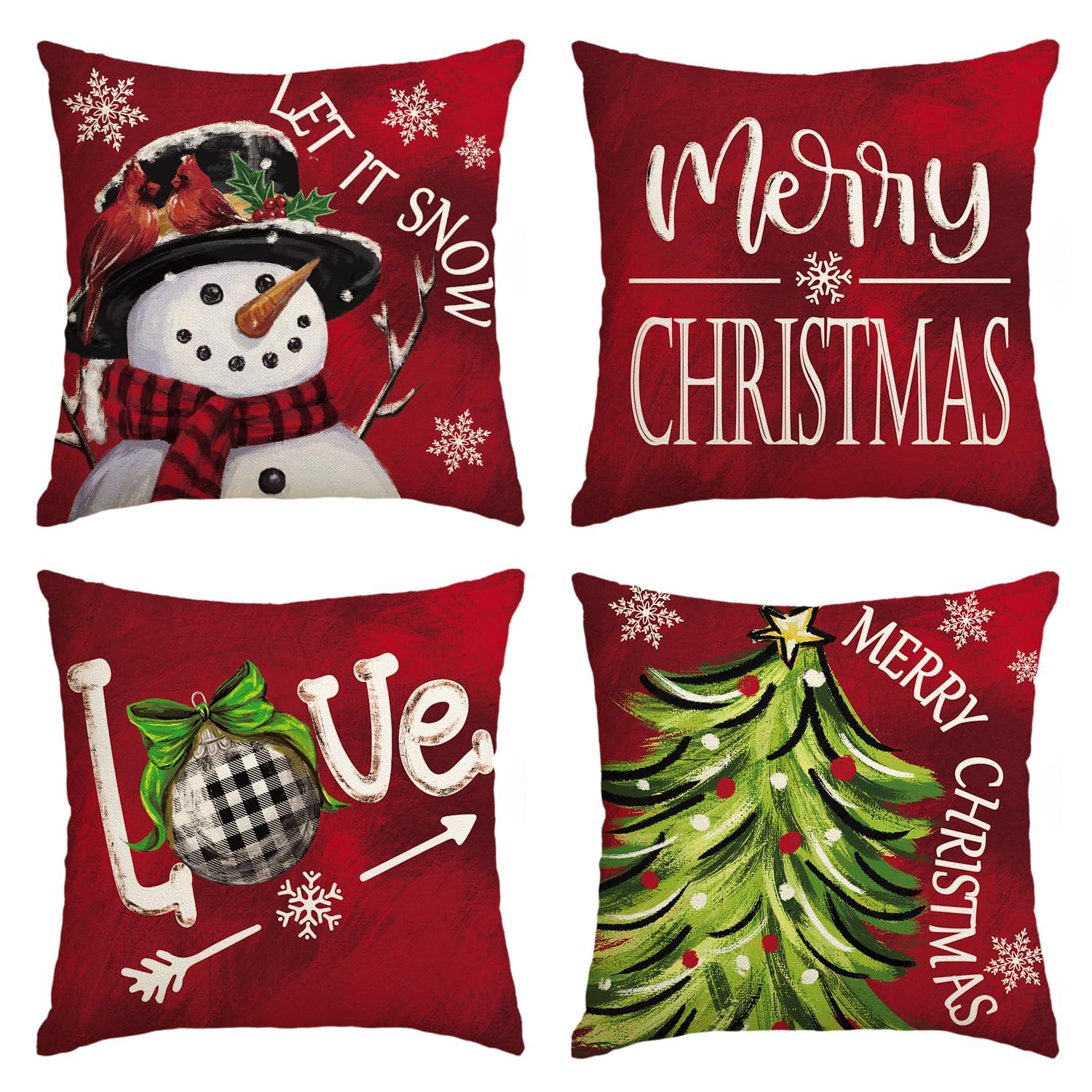 Photo 1 of AVOIN colorlife Merry Christmas Let It Snow Snowman Red Throw Pillow Covers, 20 x 20 Inch Xmas Tree Holiday Cushion Case Decoration for Sofa Couch Set of 4