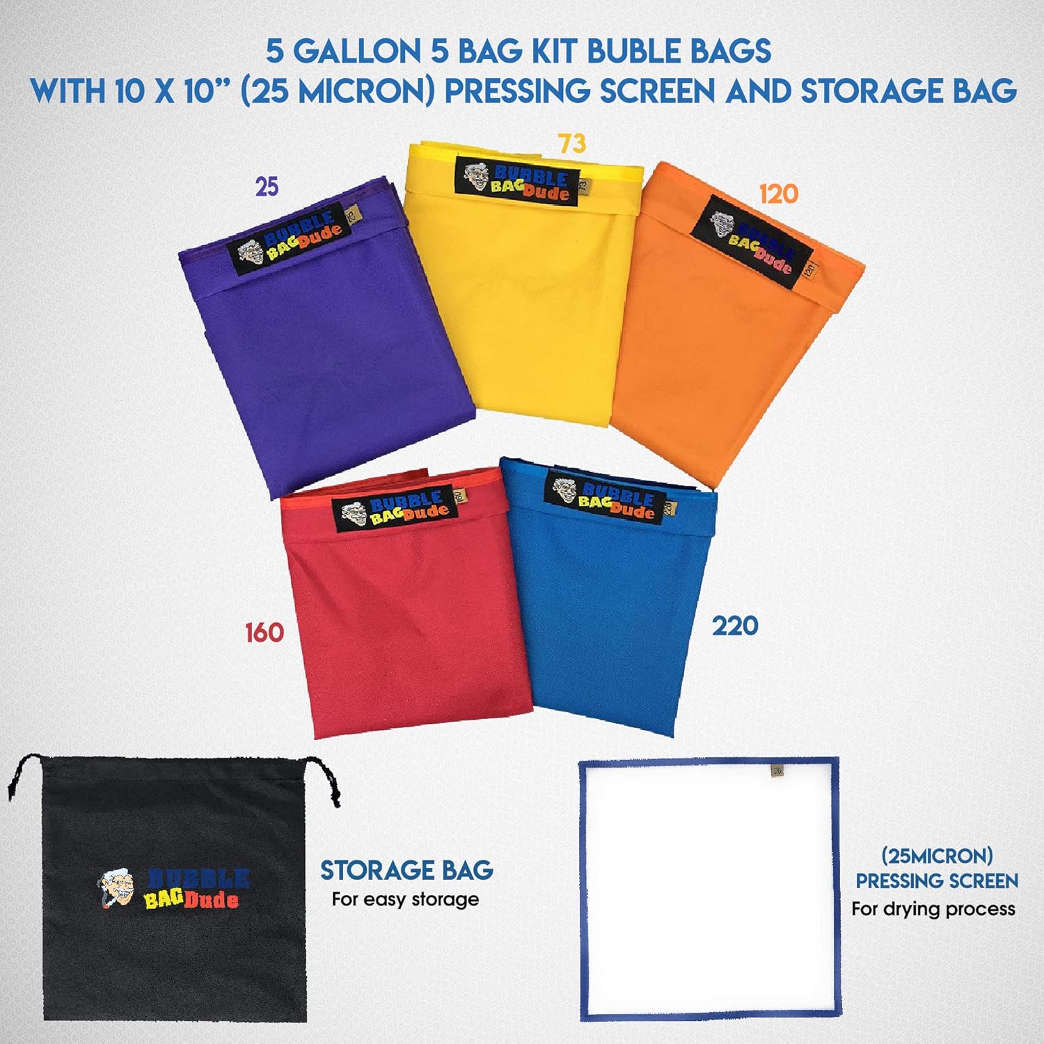 BUBBLEBAGDUDE Bubble Bags 5 Gallon 5 Bag Set Herbal Ice Essence Extraction Bag Kit with 10 x 10” (25 Micron) Pressing Screen and Storage Bag : Garden & Outdoor