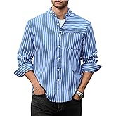 ZAFUL Men's Casual Button-Down Shirts Long Sleeve Striped Cuban Guayabera Banded Collar with Pocket All-Day Shirt Tops