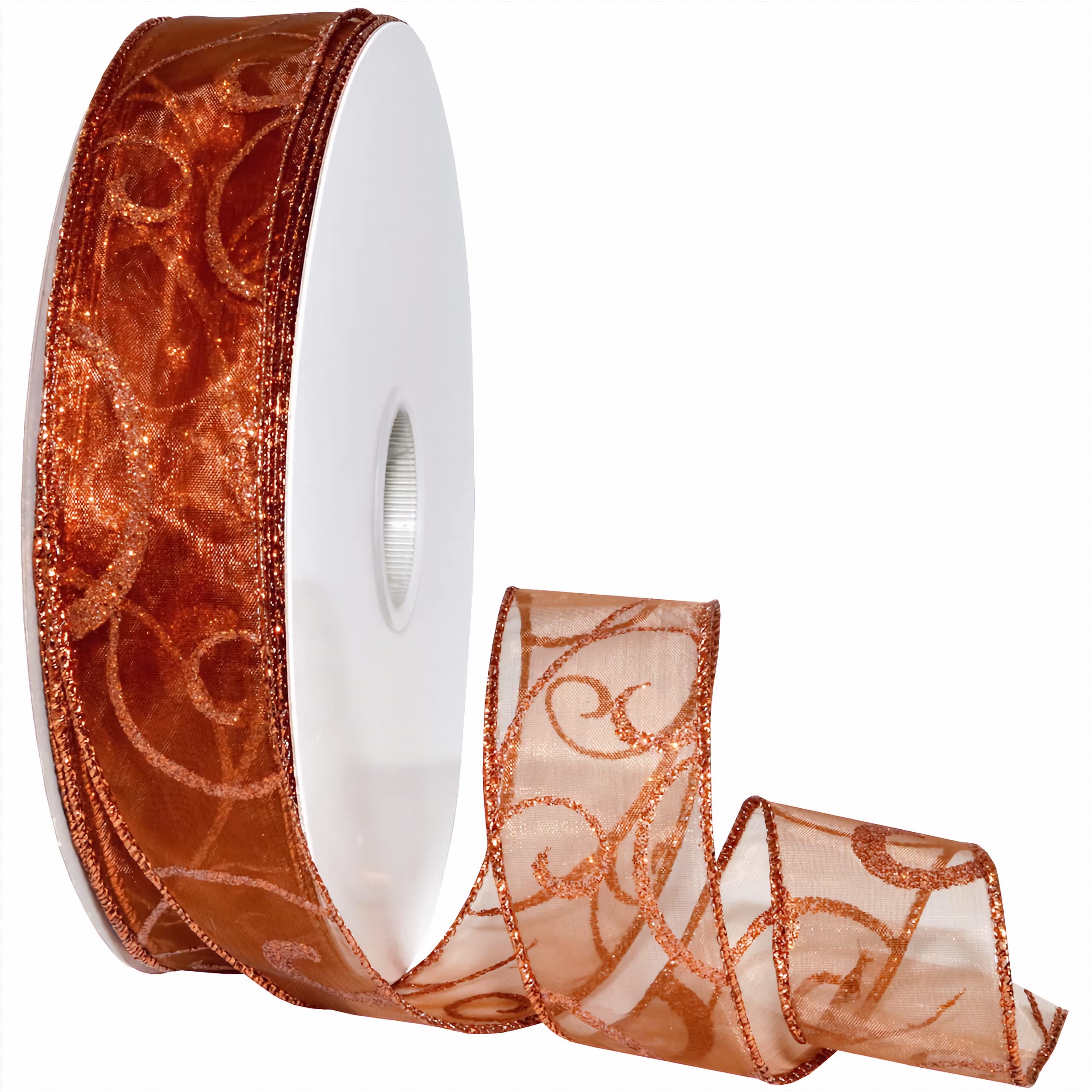 Morex Ribbon Wired Swirl Sheer Glitter Ribbons, Holiday Ribbon for Crafts and Christmas Decorations, Gift Wrapping, 1.5" x 50 Yd, Copper