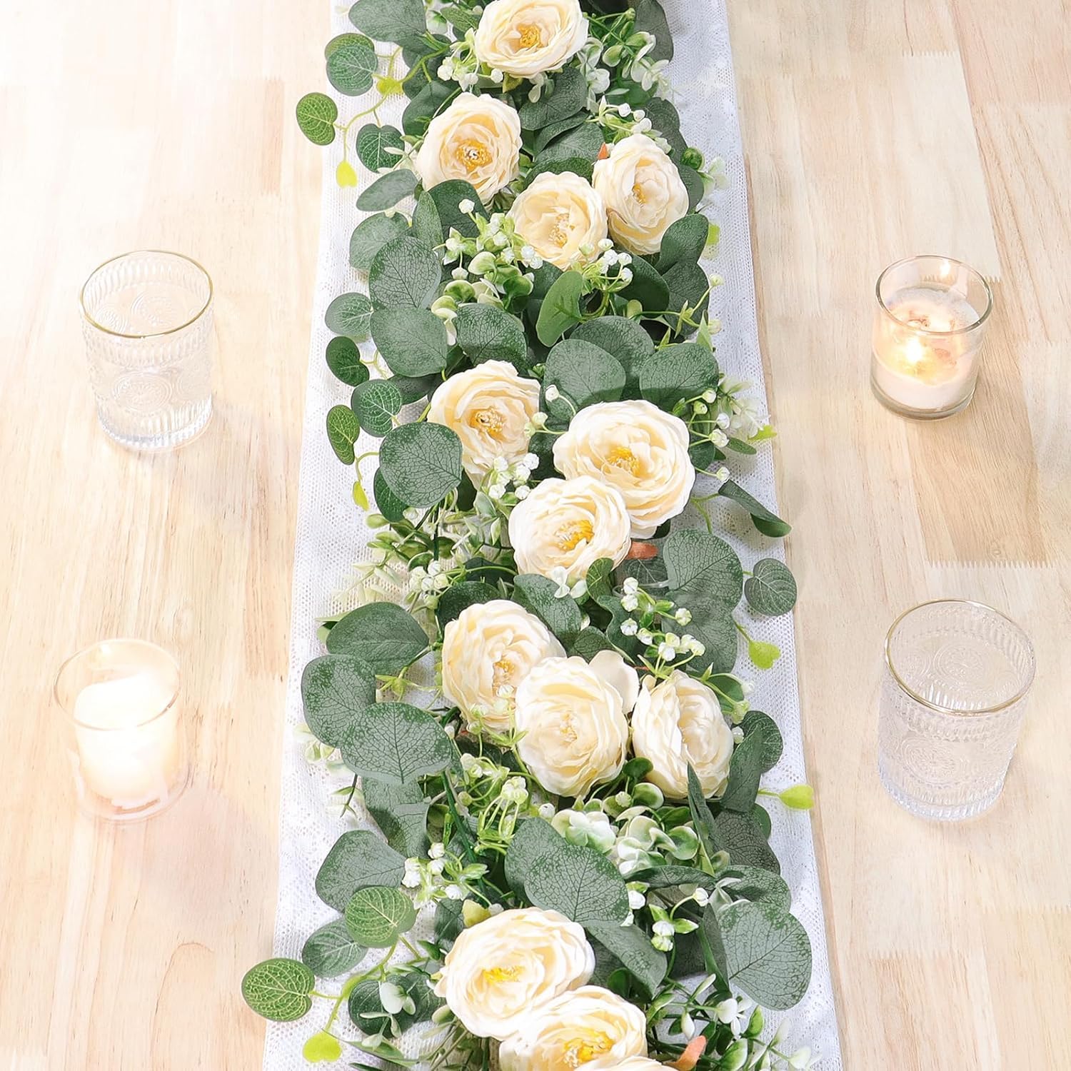 UXORSN 2PCS 12FT Artificial Eucalyptus Flower Garland with Champagne Rose Fake Plants Silk Floral Greenery Garland Faux Gypsophila Ivy Vine for Wedding Decoration Home Party Table Runner Decor
