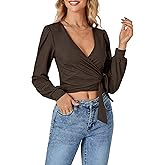 LYANER Women's Wrap V Neck Self Tie Knot Bishop Long Sleeve Ribbed Knit Crop Blouse T-Shirt Top