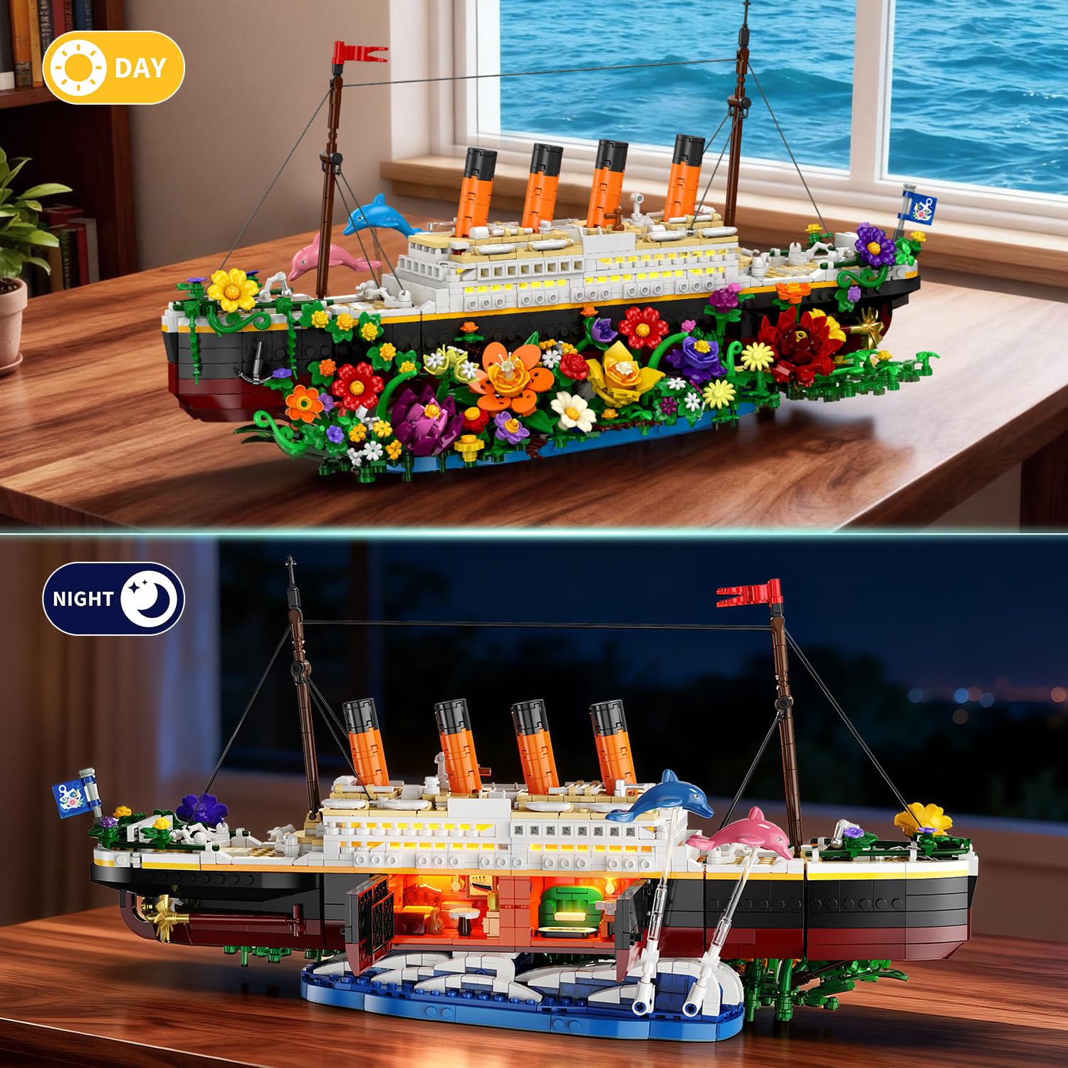 INSOON Blumen Titanic Bauspielzeug mit Licht, 1860 Stück Titanic Schiff Modell Klemmbausteine mit Blumen & Pflanzen, Deko Bausteine Geschenk für Erwachsene Jugendliche Jungen Mädchen ab 12 Jahren 6