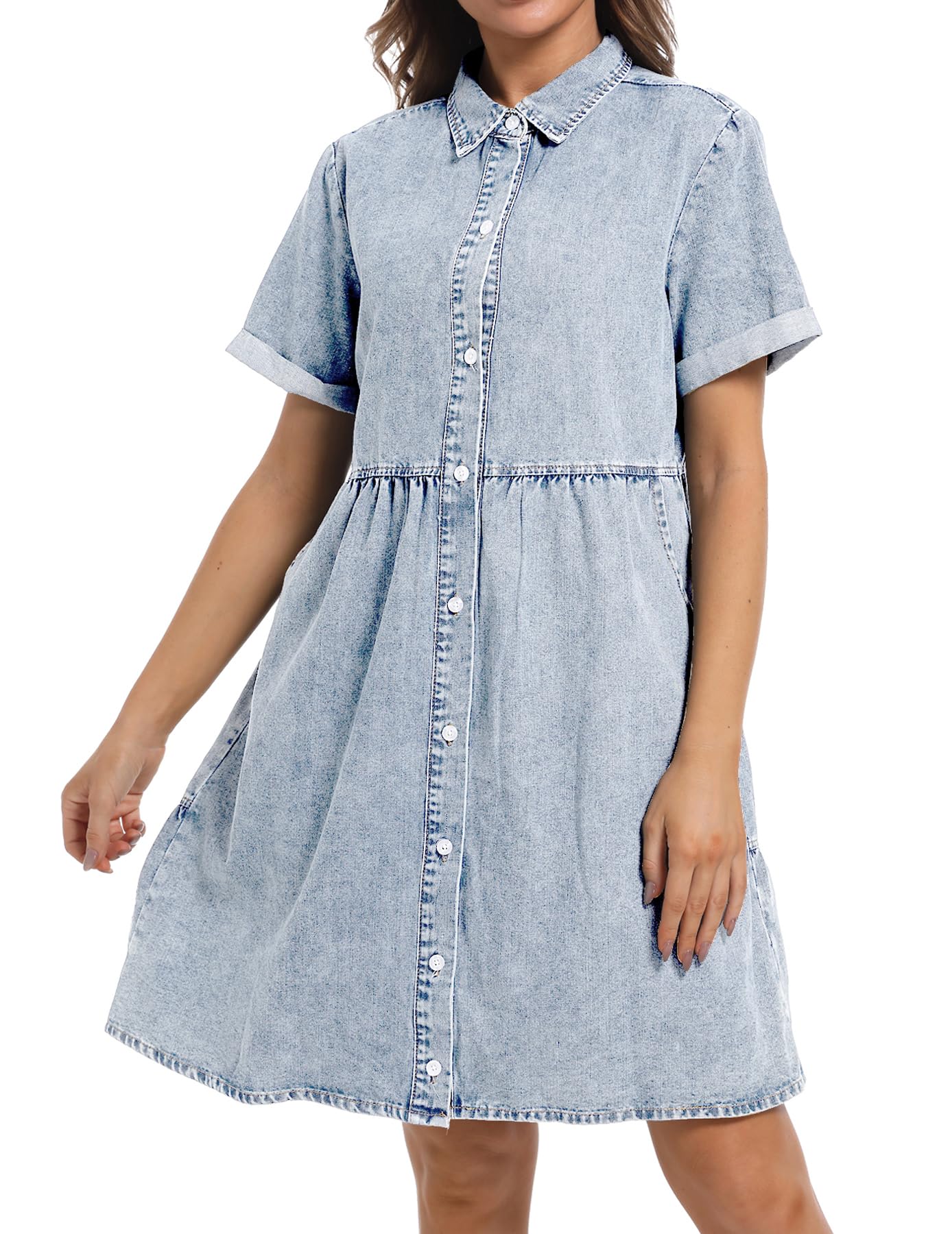 Photo 1 of Denim Dress for Women Short Sleeve Button Down Summer Babydoll Casual Jean Dress Tunic Top with Pockets (Aqua Blue, S)