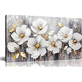 CIRABKY Flower Wall Art for Bedroom - White Wall Decor - Gold Wall Art for Living Room Office Artwork Canvas Pictures Size 20" x 40"