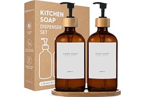 MaisoNovo Kitchen Soap Dispenser Set - Glass Soap Dispenser with Pump - Amber Bamboo Black Pump 16.9 fl oz - Bathroom Soap Dispenser Set of 2 - Soap and Lotion Dispenser Set with Tray