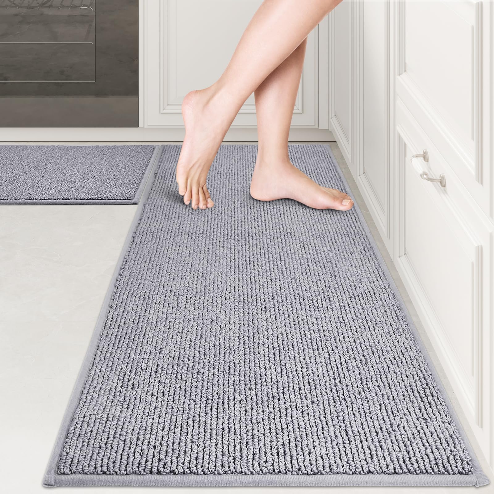 PURRUGS Machine Washable Kitchen Rug [2 PCS] (17" x 30"+ 17" x 48"), Non-Slip/Skid Kitchen Runner Rugs & Floor Mats, Super Absorbent Soft Area Rugs for Sink, Kitchen & Laundry, Grey Image