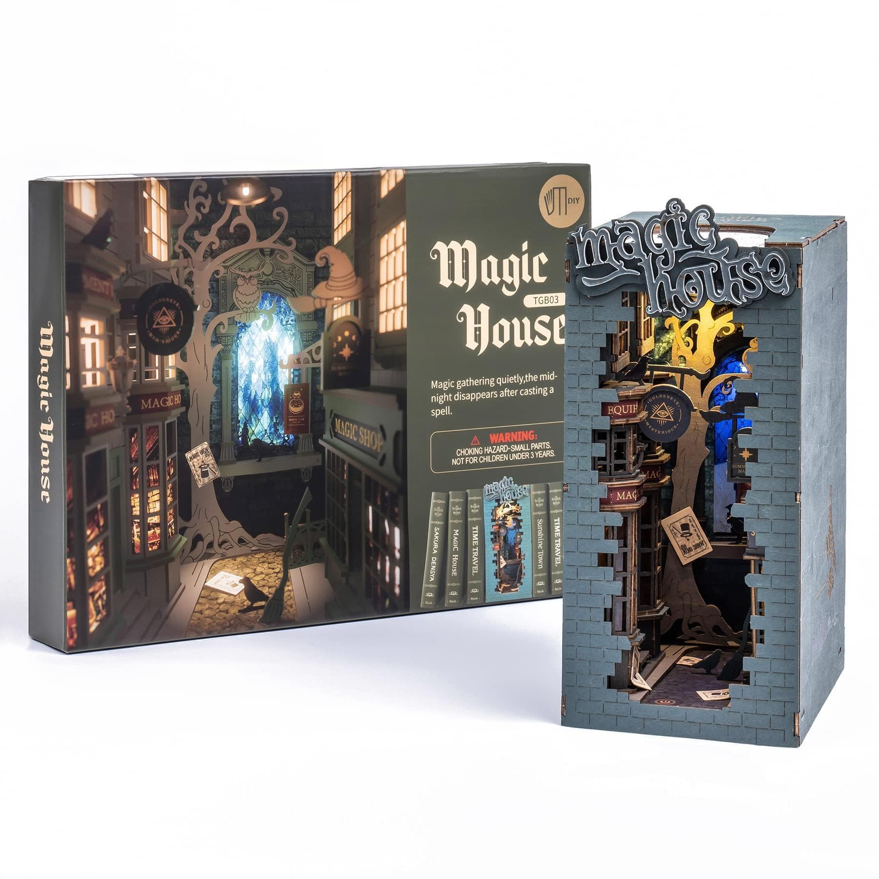 ROWOOD Book Nook Kit with LED Light, DIY Miniature Dollhouse Booknook Bookends Bookshelf Decor Gifts for Adults and Teens to Build for Christmas- Magic House