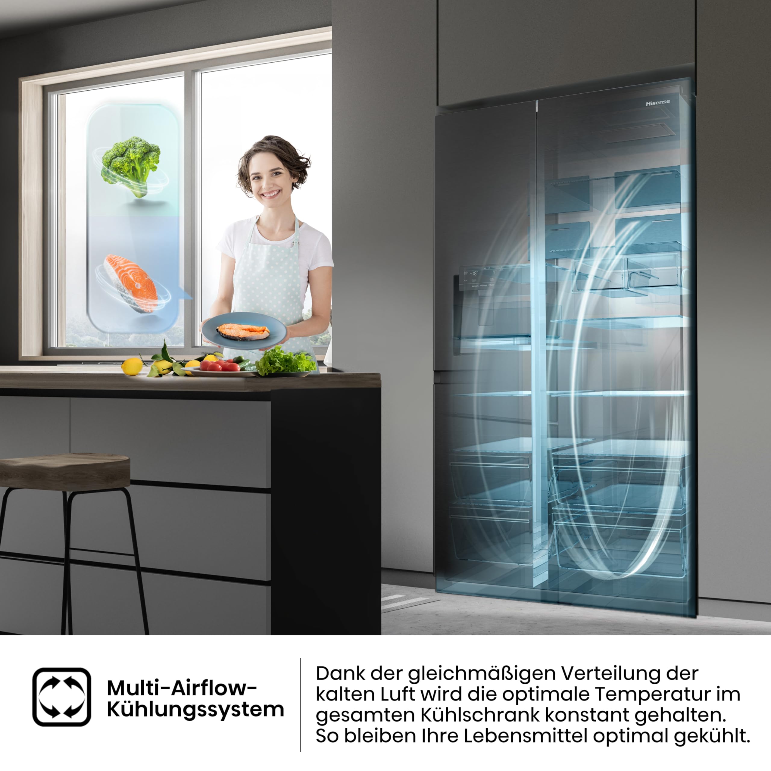 Hisense RS818N4TFC Side by Side – Kühl-Gefrierkombination, EEK C, Eis-Wasserspender, LED Display, Total No Frost, Multi Air Flow, Fast Freeze, schwarz 5