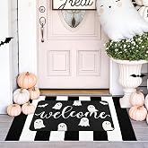 Halloween Door Mat Set, Ghost Welcome Rug with Black White Stripe Runner | 2-Piece Doormat with 17