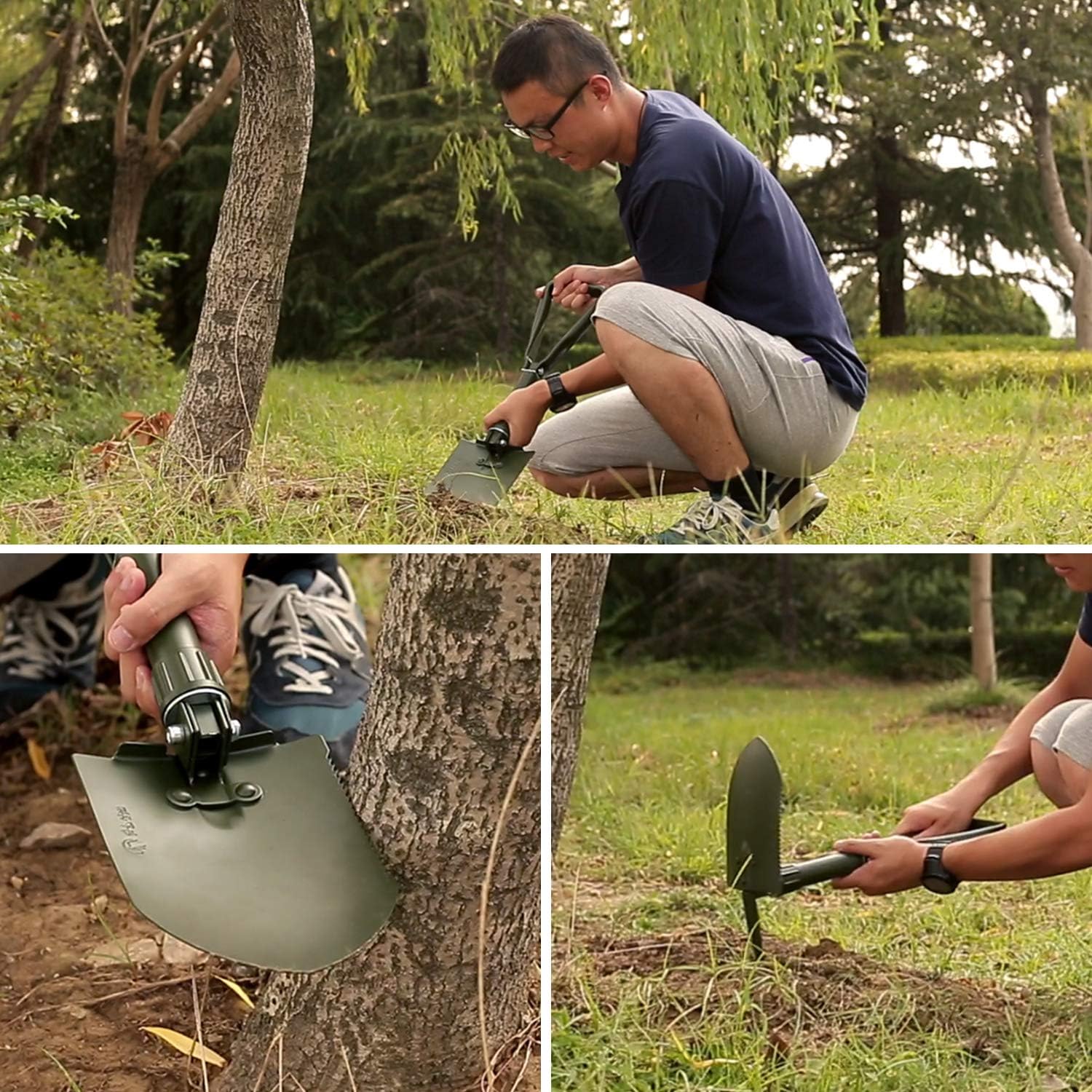 REDCAMP Military Folding Camping Shovel，High Carbon Steel Entrenching Tool Tri-fold Handle Shovel with Cover，Green 2.5lbs : Garden & Outdoor