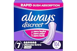 Always Discreet Adult Incontinence Pads for Women, Ultimate Extra Absorbency, Long Length, Postpartum Pads, 104 Count (4 Packs of 26)