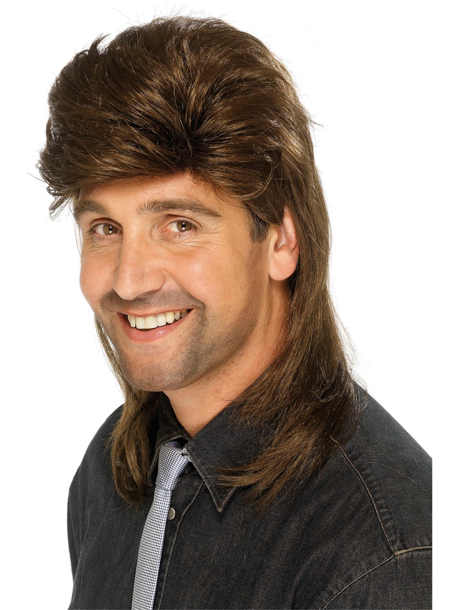 Smiffys Mullet Wig, Brown , 1980's Fancy Dress, Adult Dress Up Wigs Halloween