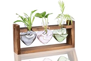 Kingbuy 3-Heart Plant Terrarium Kit - Stained Glass Vase Propagation Station with Vintage Wood Stand - Wall-Mounted & Tabletop Indoor Garden Decor for Home Kitchen Wedding (Grey, Green, Pink)