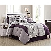 Chezmoi Collection Linnea 7-Piece Luxury Purple Lavender Gray Cherry Blossom Floral Embroidery Comforter Set, Queen