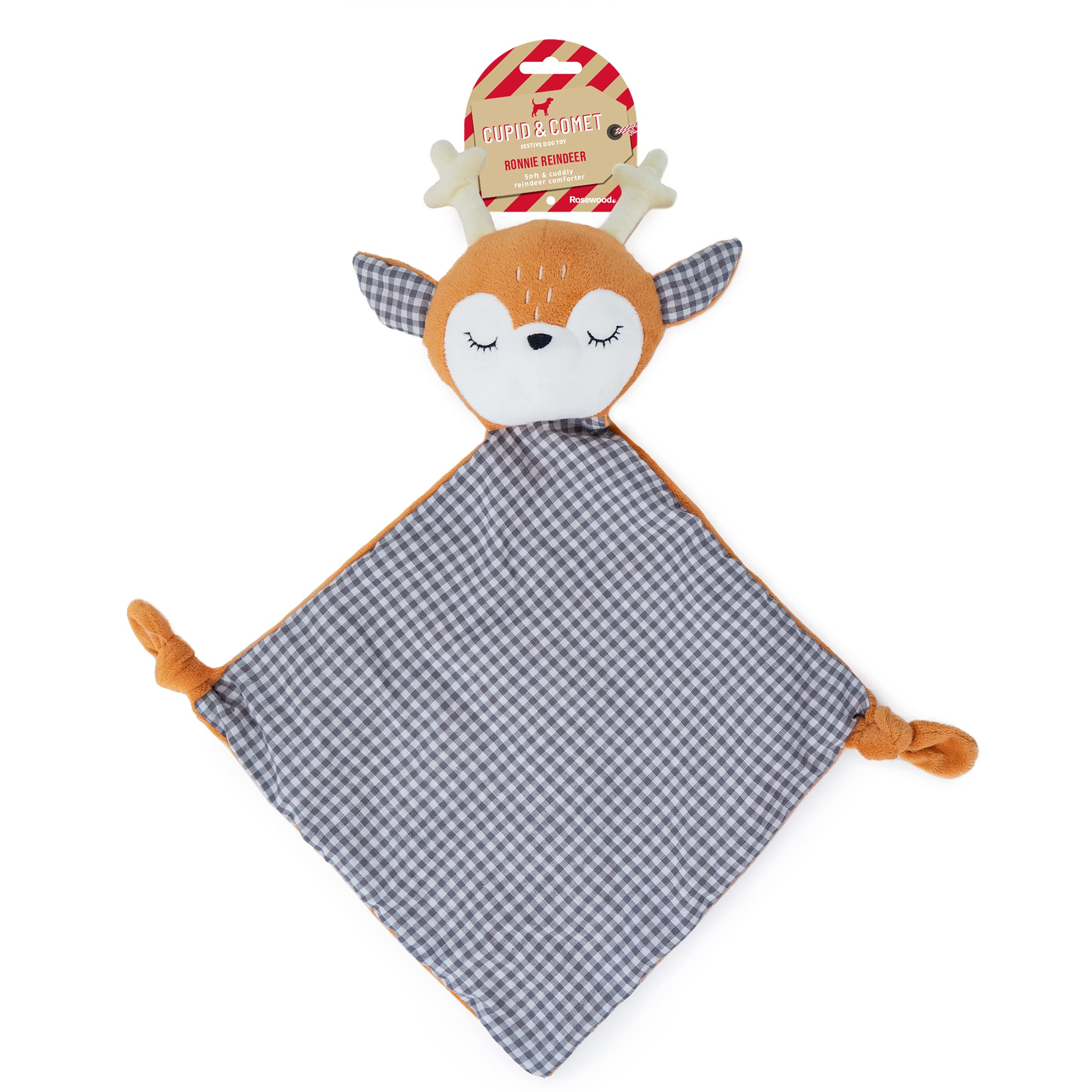 Rosewood Ronnie Reindeer, Christmas Blanket Dog Toy, Gingham Print, 47cm x 52cm