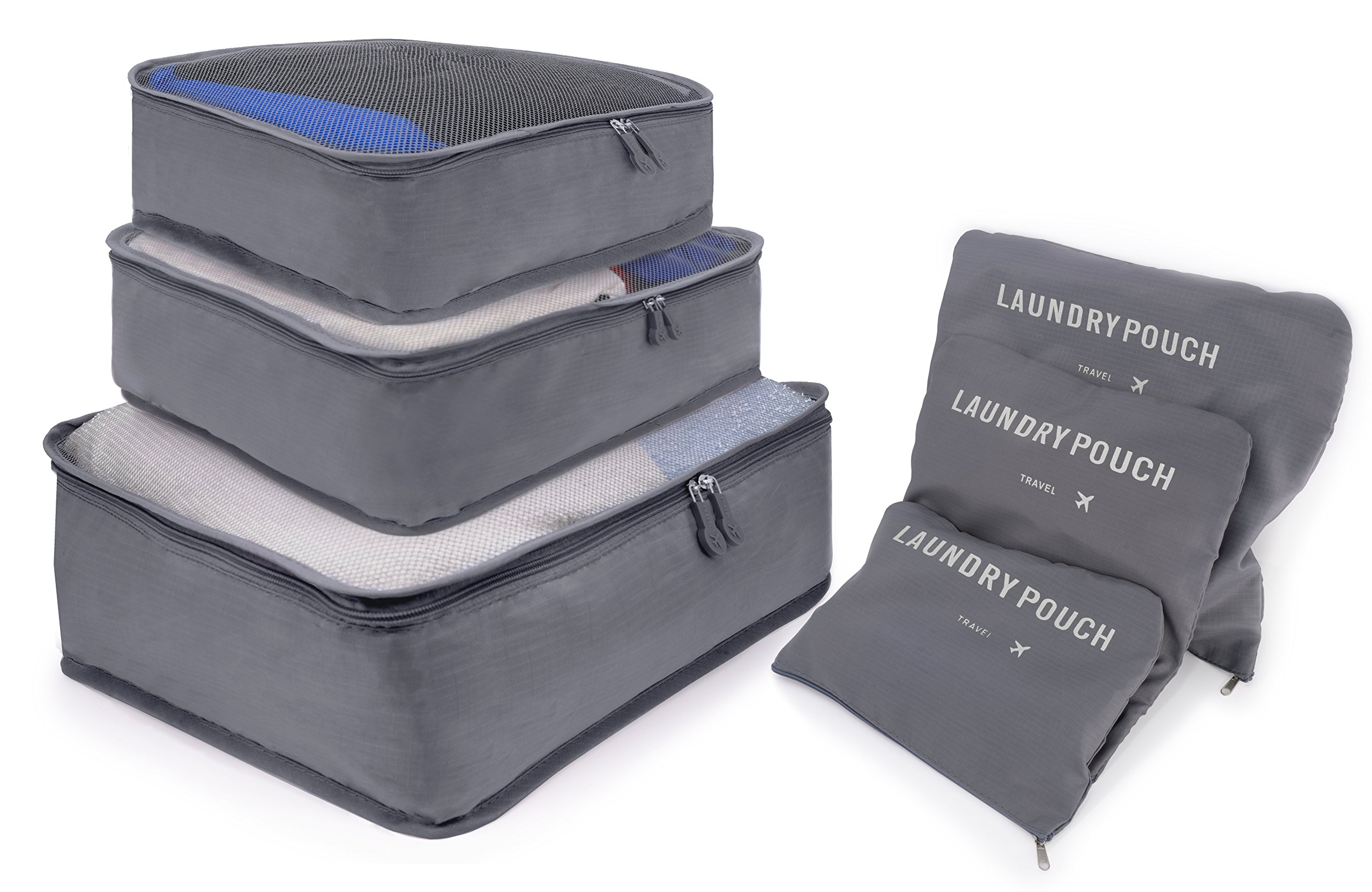 MyGadget Set of 6 Packing Cubes Luggage Organiser Light Organizer Bags - Suitcase Storage Pouches for Clothes, Shoes & Laundry for Travel - Grey