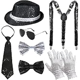 MEDOJO 70s 80s Disco Outfits Dance Star Costume 70s 80s Pop Stage Gloves Fedora Hat Sunglass Tie for Cosplay Party Halloween