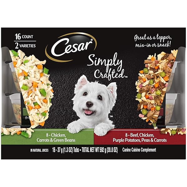 CESAR SIMPLY CRAFTED ADULT WET DOG FOOD MEAL TOPPER, CHICKEN, CARROTS & GREEN BEANS AND BEEF, CHICKEN, PURPLE POTATOES, PEAS & CARROTS VARIETY PACK, 1.3 OZ. (16 COUNT, PACK OF 1)