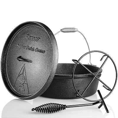femor Dutch Oven, 6 Quart Cast Iron Pre Seasoned Casserole Pot, Without Feet, with Lid Lifter Handle &amp;amp;amp; stand and Dual Function Lid Griddle