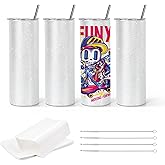 AGH 4PCS Sublimation Glitter Tumblers 20 oz Skinny Straight White 20oz Blanks Stainless Steel Cup with Lid & Metal Straw & Shrink Wrap & Brush