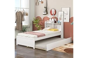 HomSof Twin Bed with Trundle,Bookcase,White
