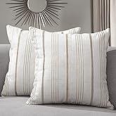 Sunlit Decorative Farmhouse Throw Pillow Case, Set of 2 Cream/Off-White with Light Brown Stripes Modern Accent Square Pillow Cover, 26" x 26", Textured Linen Pillow Case for Sofa Couch Chair Bedroom
