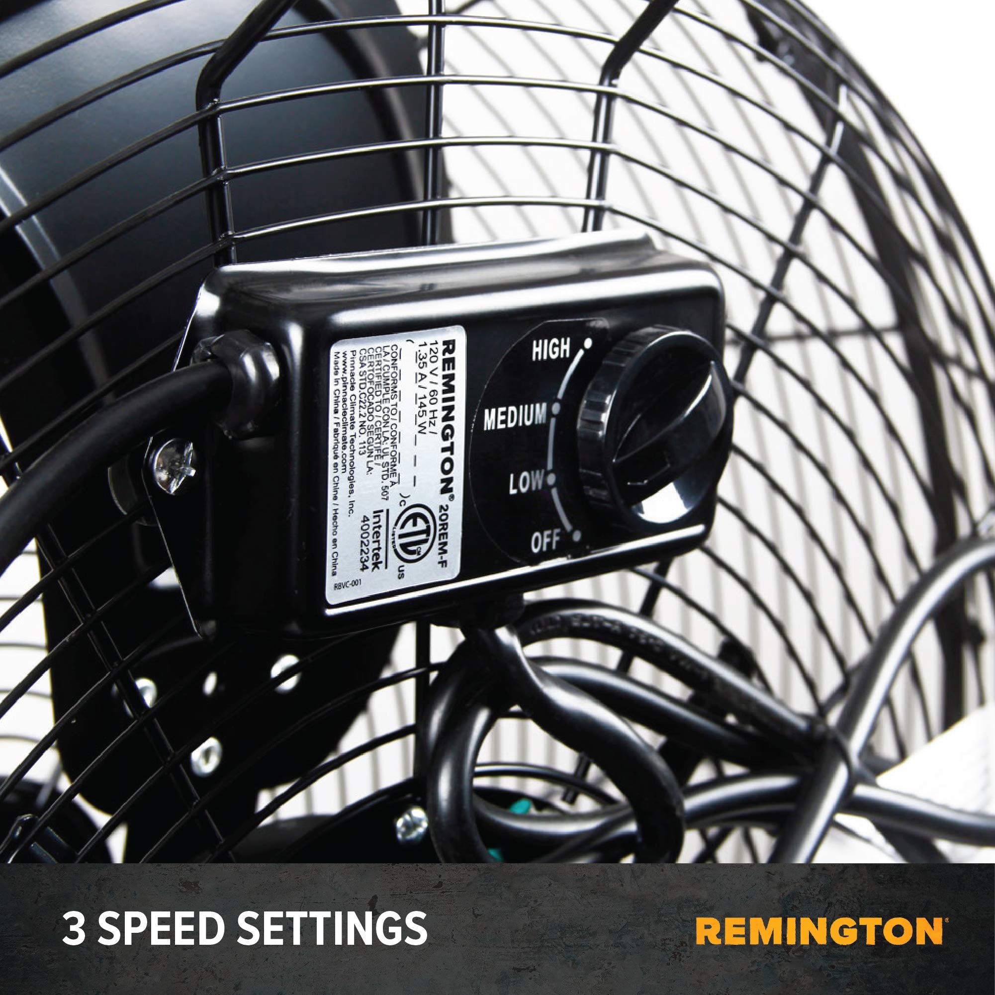 Remington High Velocity Floor Fan, 3 Speed Portable Cooling Unit - Heavy Duty Metal Airflow for Large Shops, Garages, and Warehouses, 20 Inch, Black