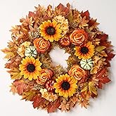 28'' Large Fall Wreath for Front Door, Porch, Window- Artificial Maple Leaves Fake Pumpkins Faux Rose Sunflower Outdoor Autumn Wreath for Home, Farmhouse Wall Thanksgiving Day Harvest Festival Decor