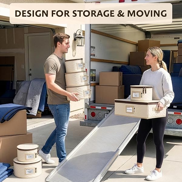 CHINA STORAGE HARD SHELL CONTAINERS 5-PIECE SET MOVING BOXES FOR DINNERWARE, GLASSES, PLATES, MUGS AND SAUCERS STURDY DISH ORGANIZER WITH DIVIDERS FOR SEASONAL STORAGE – SERVICE FOR 12 – BEIGE QUILTED