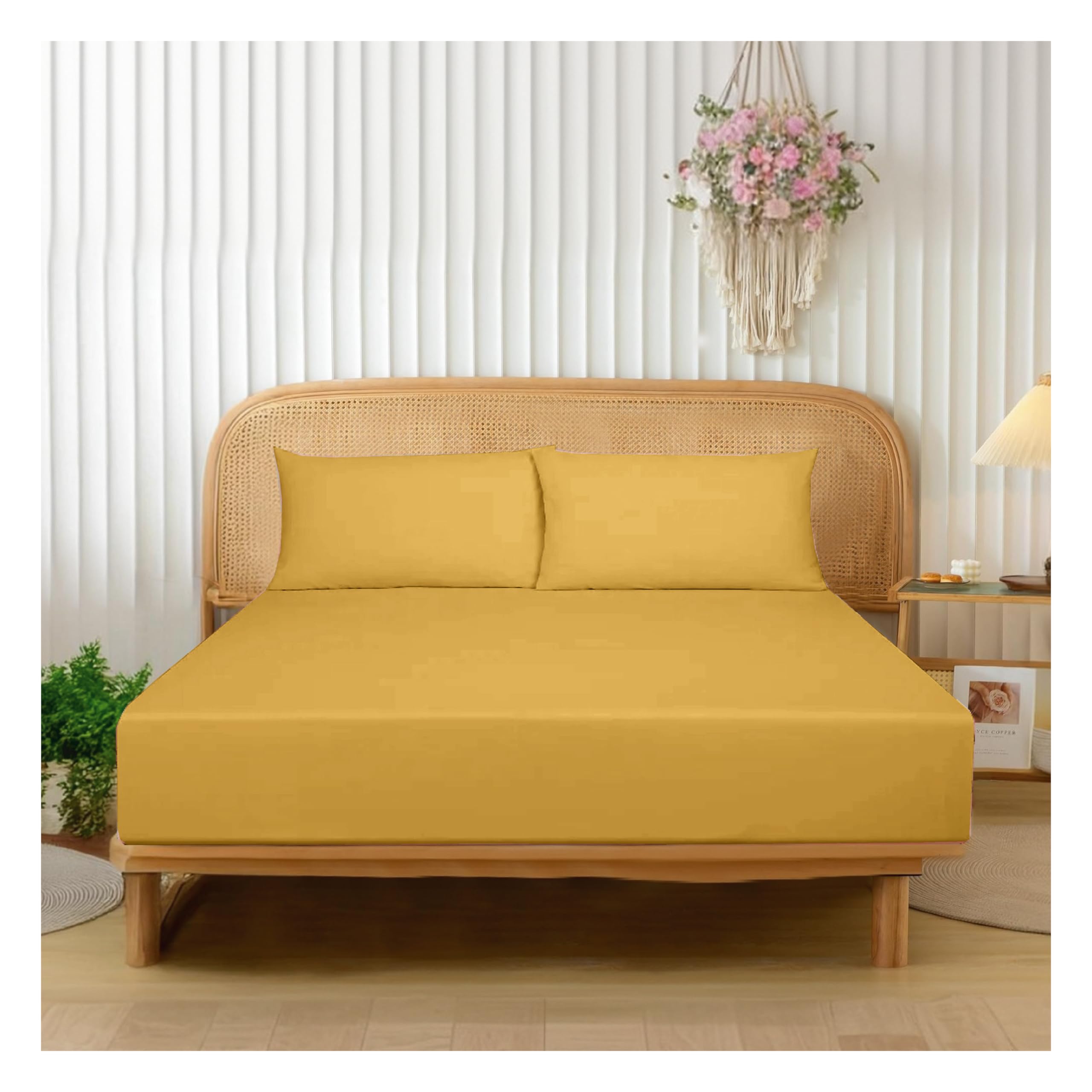 Funky Gadgets Double Fitted Sheets Extra Deep Pocket 16 Inch (40cm) 90 GSM Soft Brushed Microfiber Fitted Bed Sheets Easy Care Bottom Sheet Ochre yellow (137 X 190cm)