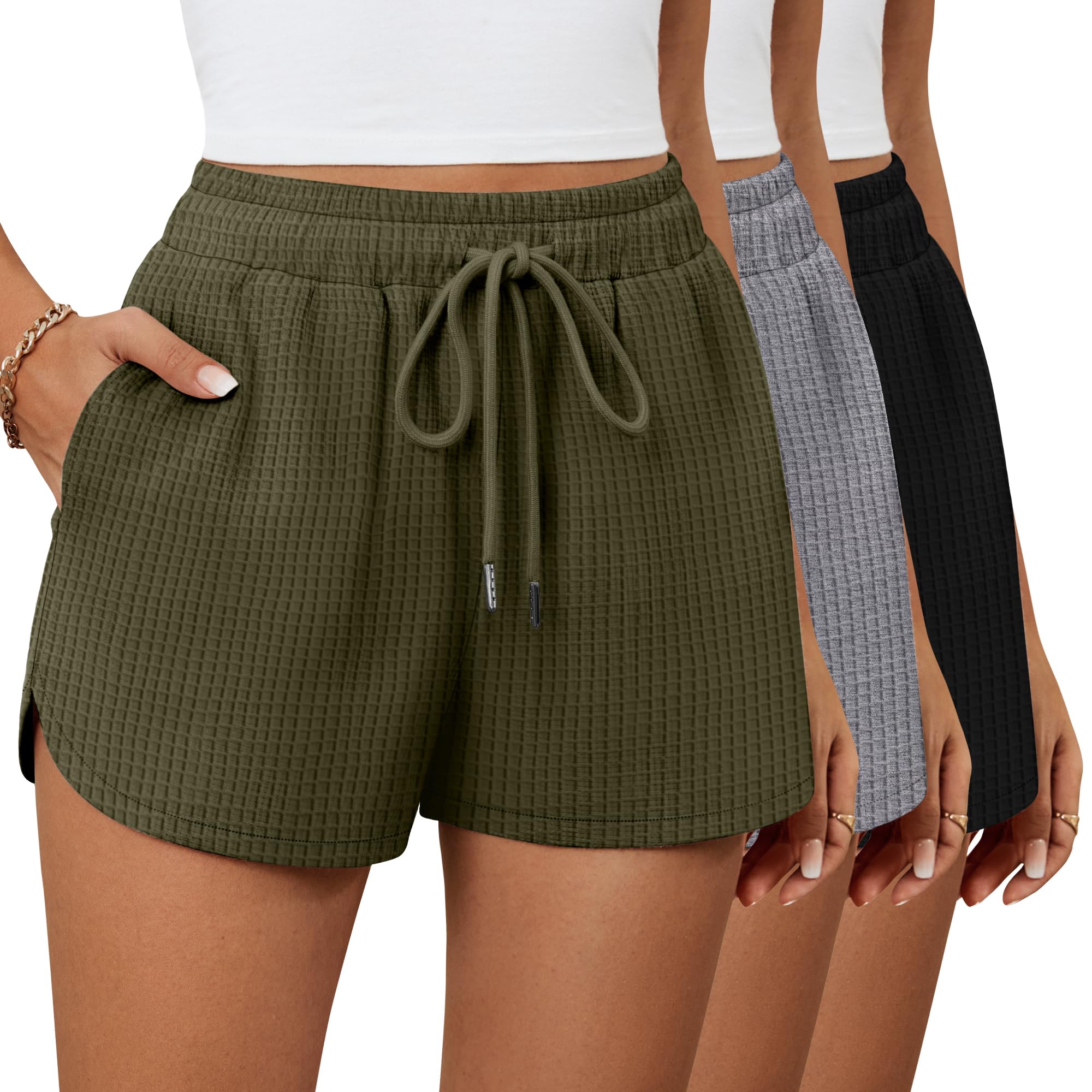 Photo 1 of Riyiper 3 Pack Women's Waffle Knit Shorts Cotton Drawstring Lounge Summer Comfy Casual Shorts with Pockets(Black, Gray, Army Green,Medium)