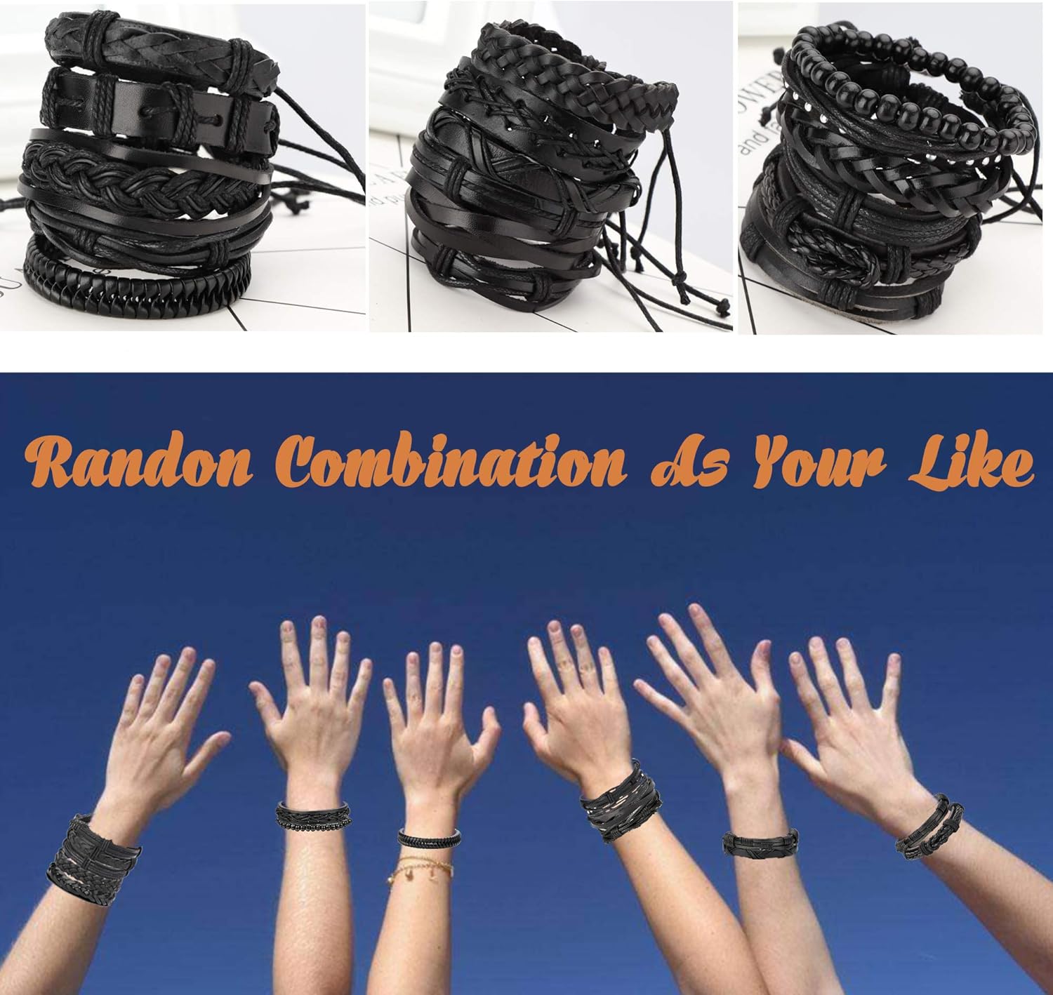 Jstyle 17Pcs Braided Leather Bracelet for Men Women Wooden Beaded Cuff Wrap Bracelet Adjustable Black: Clothing