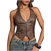 SweatyRocks Women's PU Leather Halter Tank Tops Sexy Deep V Neck Lace Up Back Vest Party Clubwear