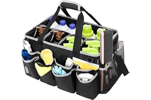 HODRANT Extra-Large Wearable Cleaning Caddy, Organizer Bag for Products, Housekeeper Tote With Pad, Handle & Divider, Car Wash Tools Bag for Detailing Supplies, Gray Edge