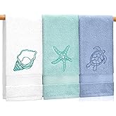GUDELAK 3 Pack Beach Hand Towels for Bathroom, 100% Cotton Soft Coastal Bathroom Towels Ocean Beach Kitchen Decor 13.5 x 29.5 Inch for Kitchen Summer Decoration