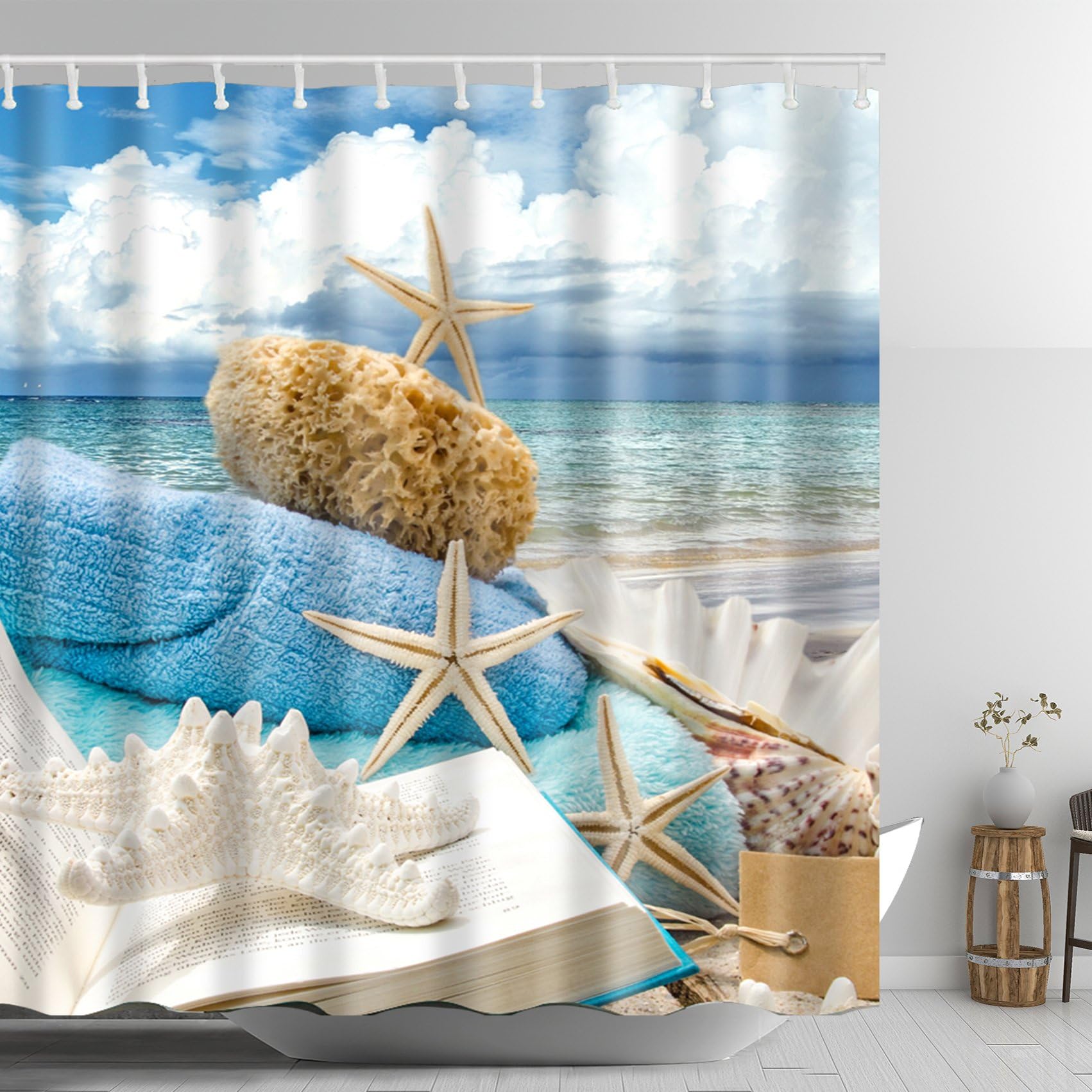 ABxinyoule Clear Sky Beach Starfish Shower Curtain Seashell Blue Ocean Polyester Fabric Bathroom Decal