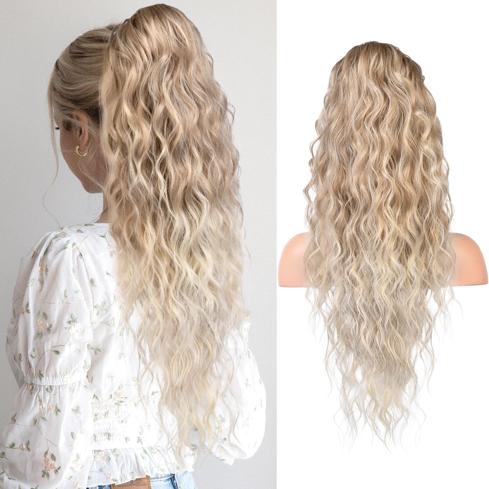 REECHO Ponytail Extension, 26" Long Beach Wave Drawstring Pony Hair Extension Synthetic Pony Tail Hairpiece for Women - Dark Blonde with Light Blonde Ends