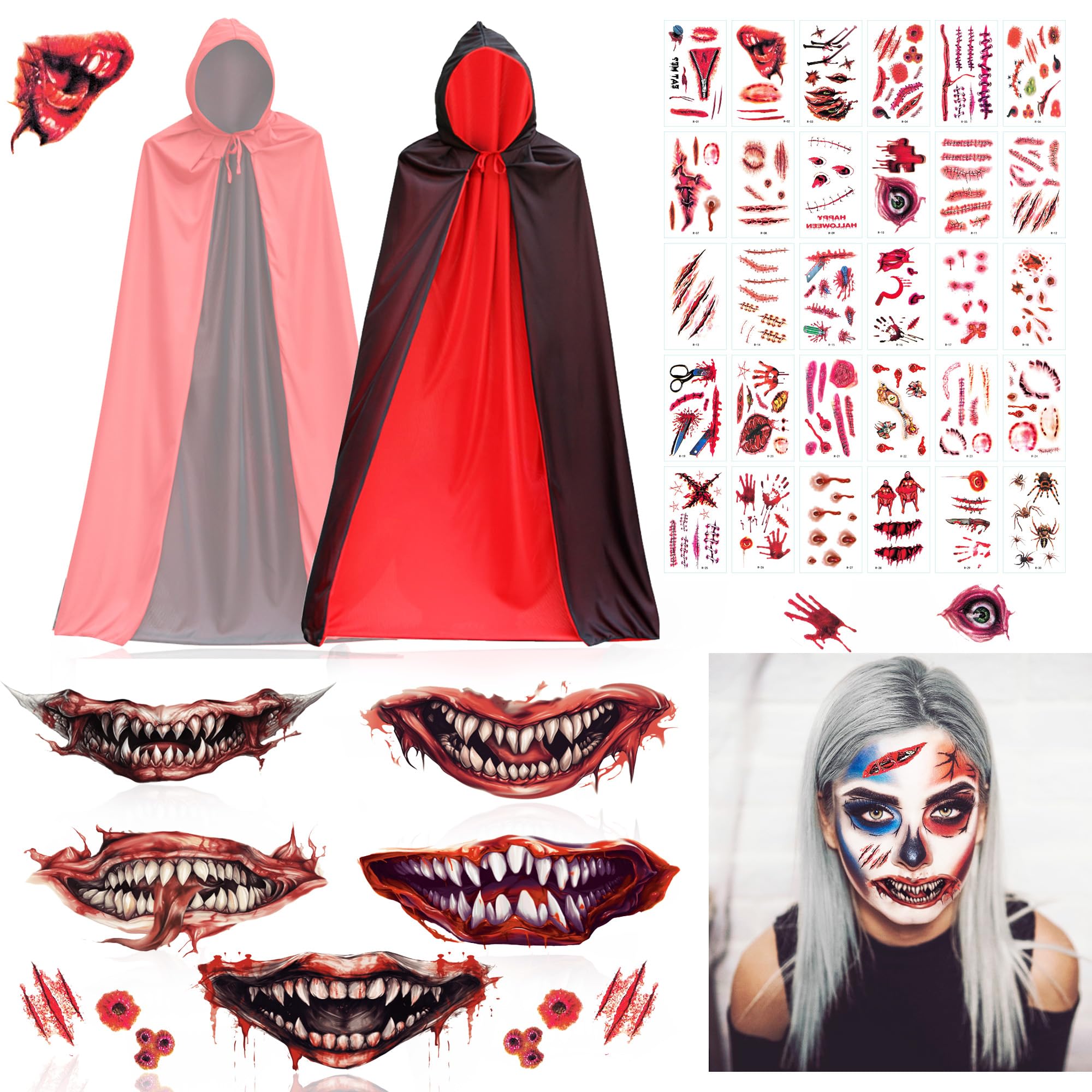 Halloween Costume Vampire Women Men 140 cm Vampire Cape Black Red with Hood Temporary Scar Tattoos Halloween Tattoos Face Mouth Dracula Costume for Halloween Cosplay Scary Party Garden