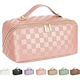 Large Capacity Travel Cosmetic Bag - Portable Makeup Bags for Women Waterproof PU Leather Checkered Makeup Organizer Bag with Dividers and Handle,Toiletry Bag for Cosmetics