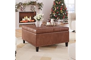 FiveWillowise Square Leather Ottoman with Storage, Faux Leather Coffee Table with Lift Top,Large Upholstered Footrest Stool Toy Box Storage Bench for Bedroom Living Room, Brown