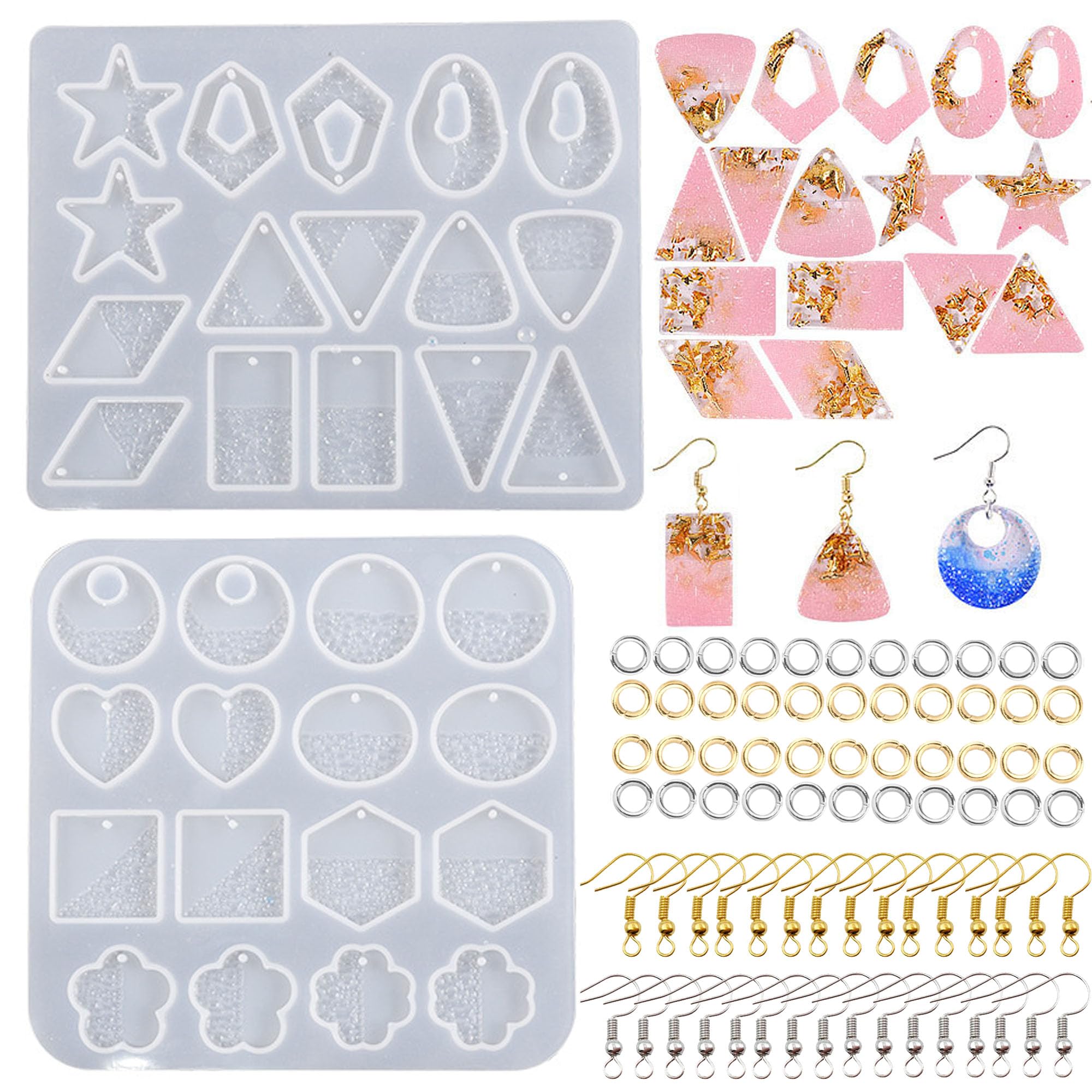 Attuslla 2 PCS Resin Earring Molds Pendant Resin Molds Silicone Jewelry Silicone Resin Molds Making Kits with Ear Hooks, Jump Rings for DIY Earrings, Necklace, Pendant Craft Supplies