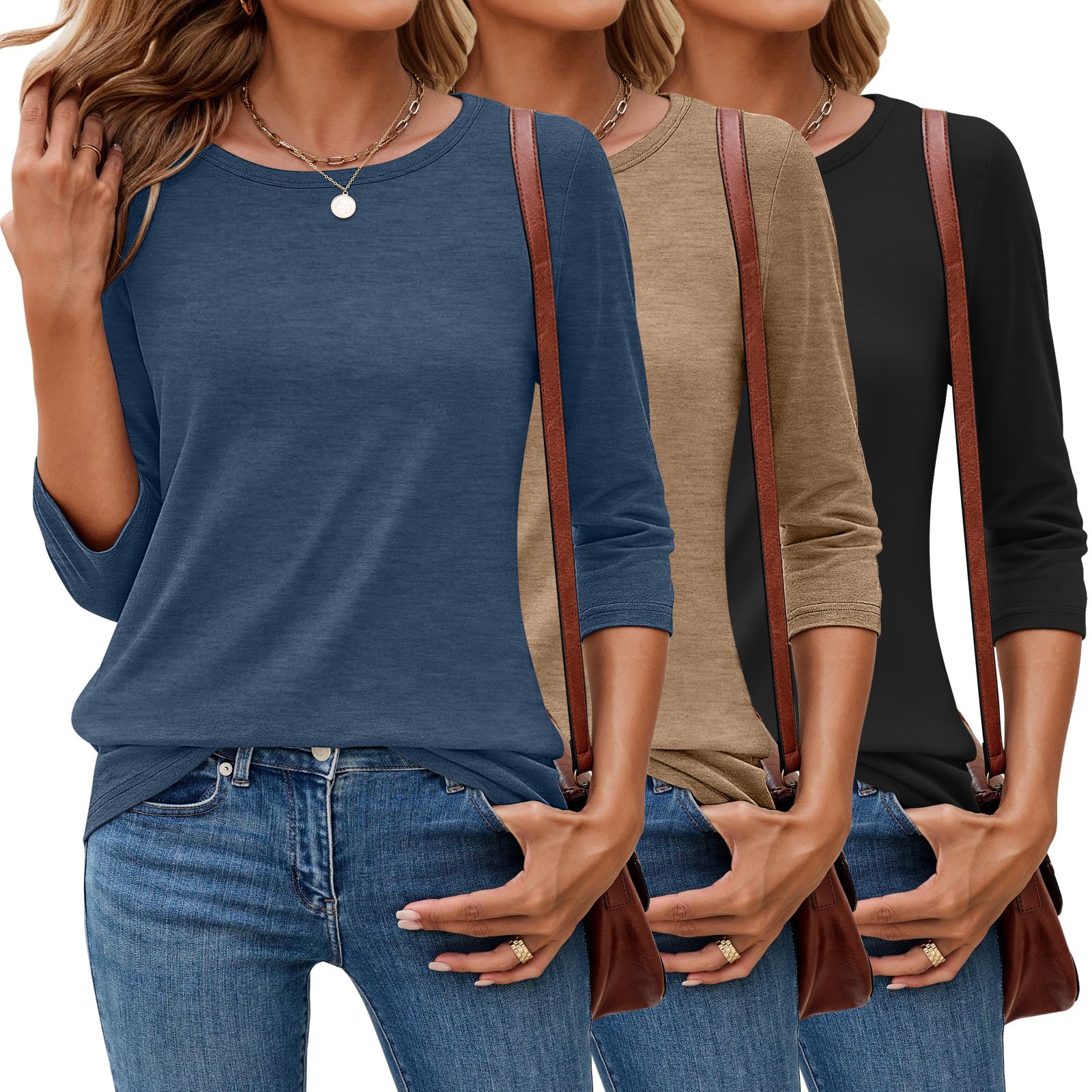 Photo 1 of ** 2 PCS ** Ficerd 3 Pack 3/4 Sleeve Tops for Women Round Neck Dressy Basics Tees Casual Trendy Loose Fit T Shirts(Haze Blue, Khaki, Black,Small)