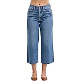 Judy Blue Womens Jeans - High Waisted Wide Crop Classic Raw Hem