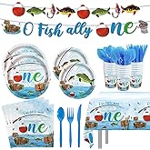 170pcs Ofishally One Party Plates Napkins Gone Fishing 1st Birthday Party Supplies Disposable Tablecloths Cups Banner for 24 Guests