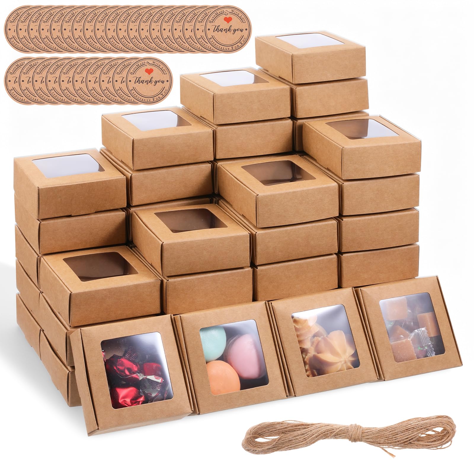 Photo 1 of 100 PCS Soap Boxes for Homemade Soaps, with 100 Tags and 20m String, 3 X 3 X 1.2 In, Soap Packaging Boxes with Clear Windows, Small Brown Gift Wrapping Box for Bakery Candy Cookies Party Favor