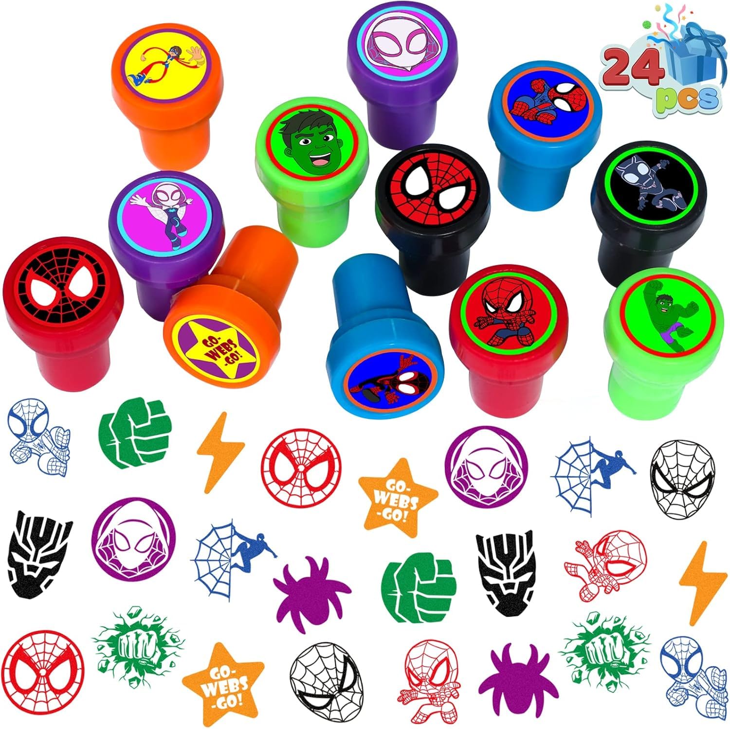 TOCKFIT 24 Pcs Spide Stampers - Perfect Spide Birthday Party Supplies, Goody Bag Fillers & Party Favors.