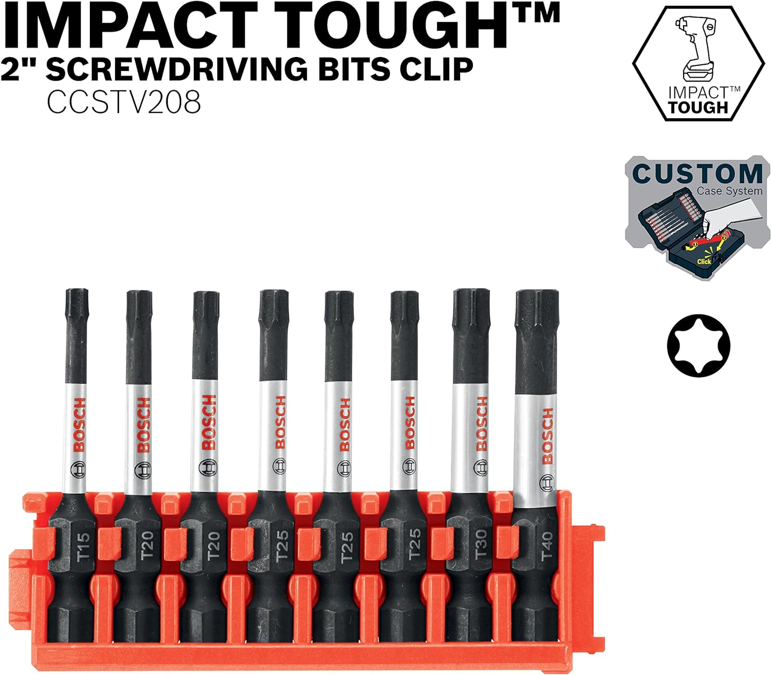 Bosch CCSTV208 8Piece Impact Tough Torx 2 Inch Power Bits with Clip for Custom Case System - - 