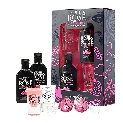 Tequila Rose Gift Set for Couple Gifts - Cream Liqueur 2x4.9cl Miniature Alcohol Bottles, Shot Glasses & 2 Strawberry Cream Lindt Chocolate Truffles. Birthday Gifts for Women, Christmas Gifts